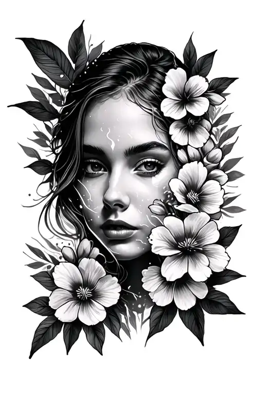 Women's Face With A Flash Of Electric Light And Superimposed On Flowers