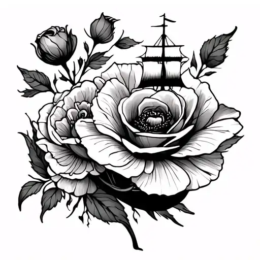 Poppy Flower And Rose Intertwined With Ship Sailing
