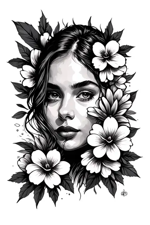 Women's Face With A Flash Of Big Electric Light And Superimposed On Flowers