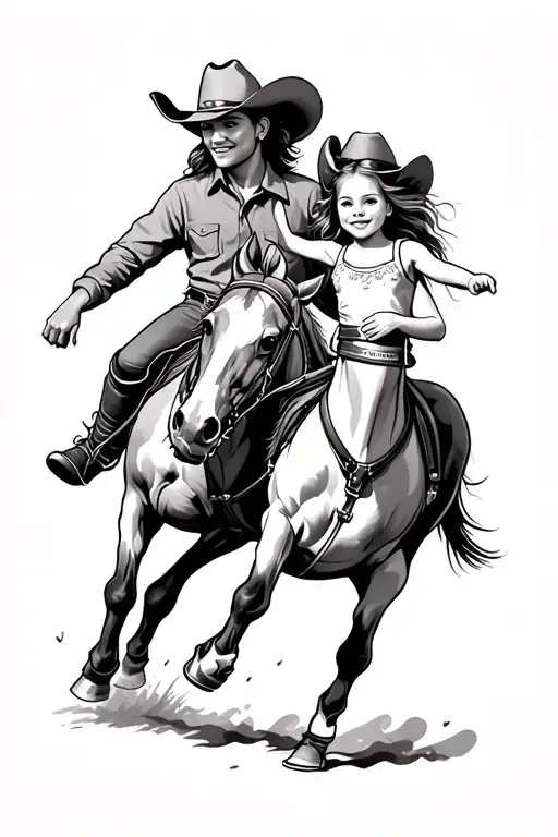 Cowboy Portrait With Daughter Barrel Racing And Daughter Dancing