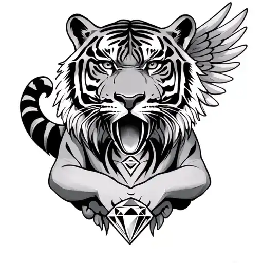 I Want The Face Of A Tiger On My Neck With The 2 Legs Grabbing A Diamond Wings In My Chest