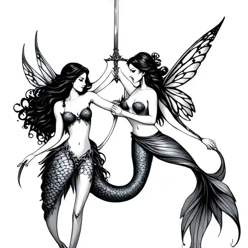 Mermaid And Fairy Holding Hands While Also Holding Swords