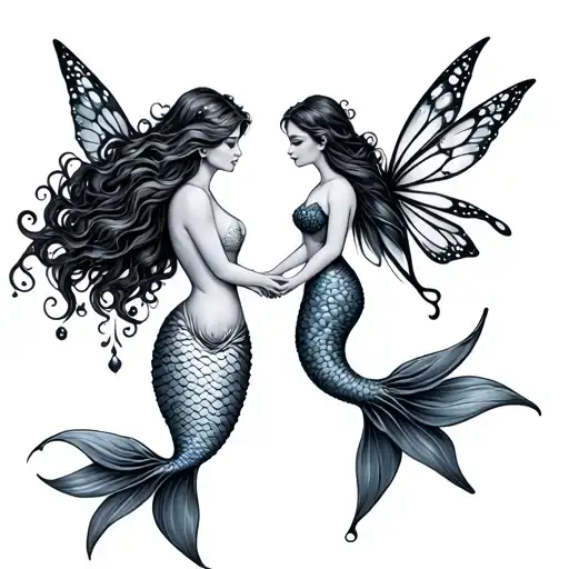 Mermaid And Fairy Holding Hands