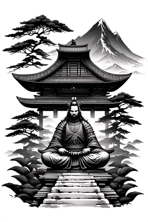 Japanese Temple With Samurai Warrior Meditation With A Mountain And Trees