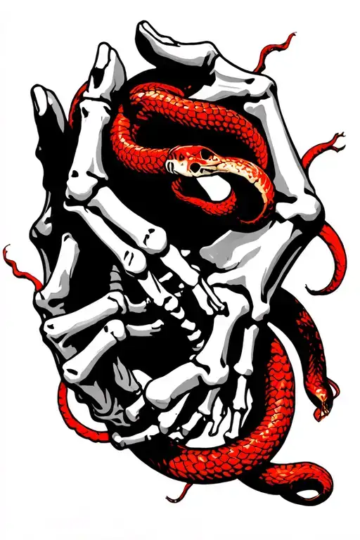 A Skeleton Hand Holding A Real Hand With A Red Snake Wrapped Around Them