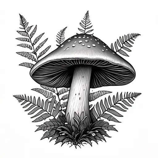 Can Your Create Me A Mushroom Framed Around A Fern And Leaves