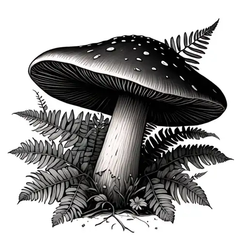 Can Your Create Me A Mushroom Framed Around A Fern And Leaves Make The Bottom Less Busy