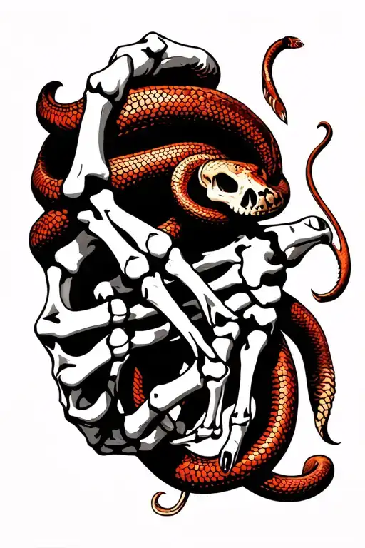 A Skeleton Hand Holding Pinkies With A Real Hand With A Snake Wrapped Around Them