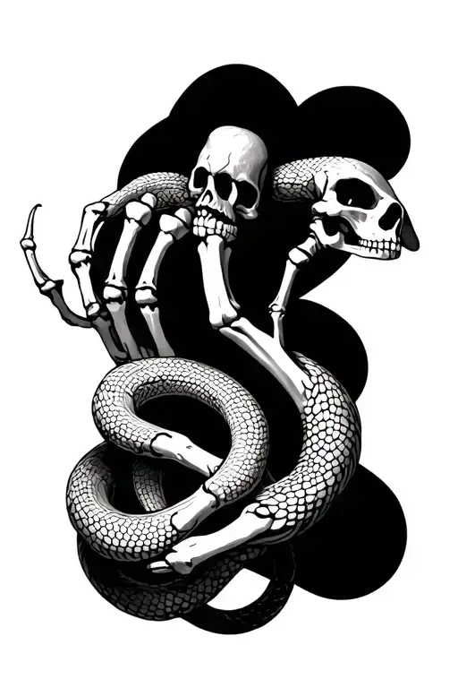 A Skeleton Hand Holding Pinkies With A Real Hand With A Snake Wrapped Around Them