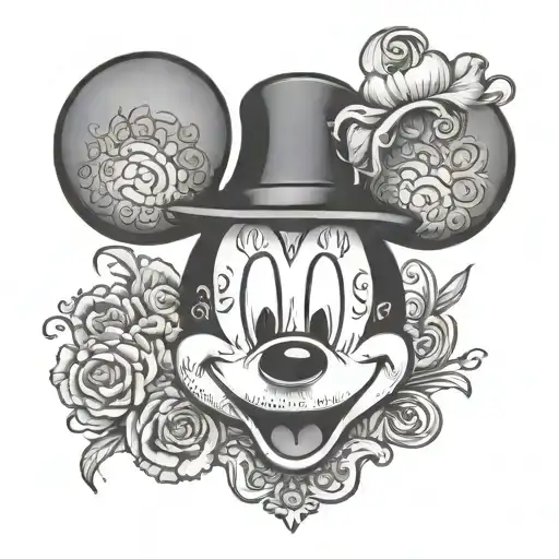 Mickey Mouse Face In Classic Engraving Style With 1972 Year