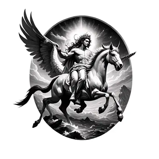 Black And White Sleeve Tattoo Of Poseidon Riding The Pegasus With The Northern Lights Above