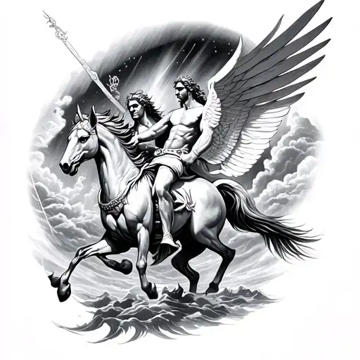 Black And White Sleeve Tattoo Of Poseidon Riding The Pegasus With The Northern Lights Above