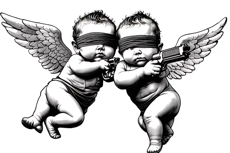 2 Baby Angel Shooting A Gun With A Blind Fold On