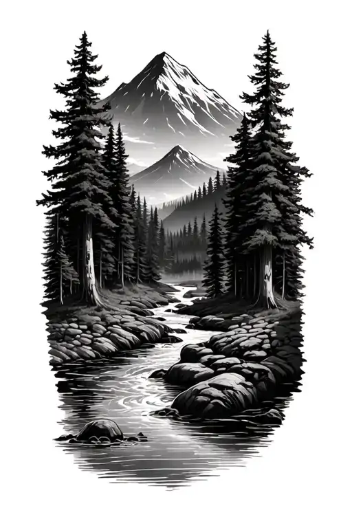 Forest With River Flowing And Mountain In Background