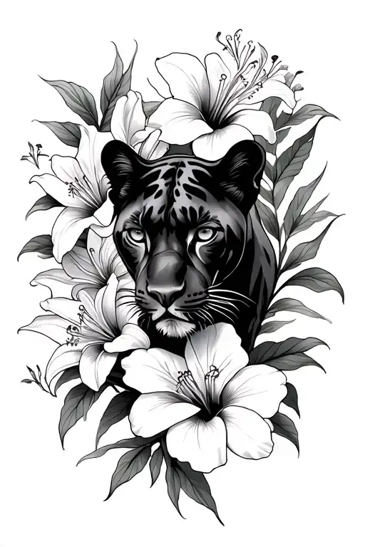 Panther With Stargazer Lilies Snd Hibiscus Flowers
