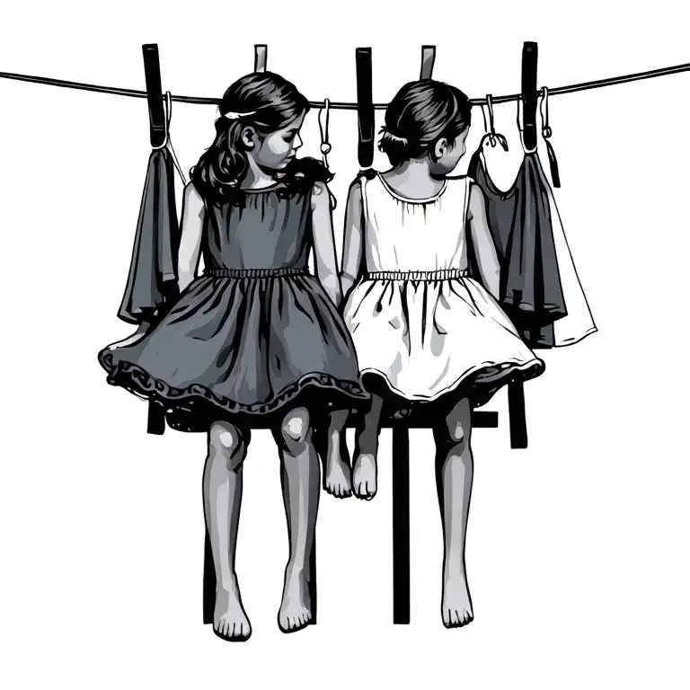 Clothes Line With Children Dresses Sitting