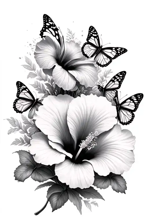 Hibiscus Surrounded By Butterflies Fluttering