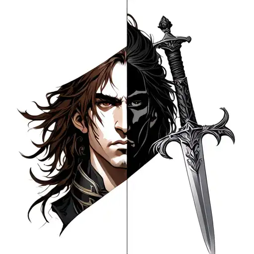 A Sword With Two Sides Half The Face Of A Warrior With Brown Hair Tied And On The Other Side Prince
