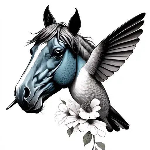 Hummingbird Smelling Flowers With Horse Head