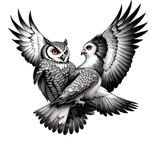 Two Owls And A Dove Flying