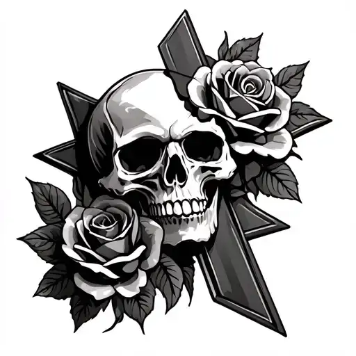 Skull And Roses With A Cross Going Through It