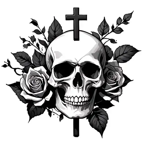 Skull And Roses With A Cross Going Through It