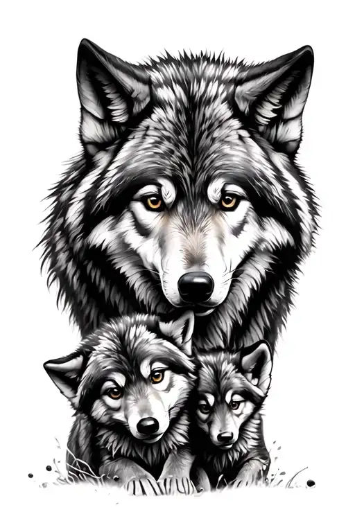 Wolf And 2 Cubs Playing