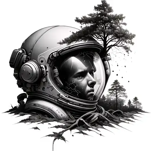 Broken Astronaut Helmet With Trees Growing Through It