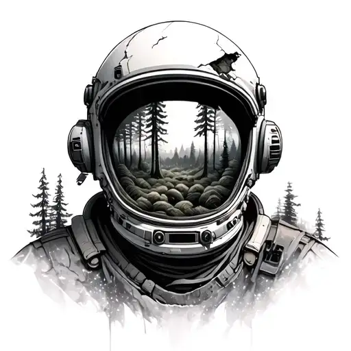 Broken Astronaut Helmet With A Forest Growing Through It