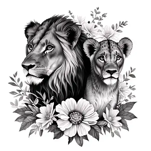 Lioness And Cub Surrounded By Flowers