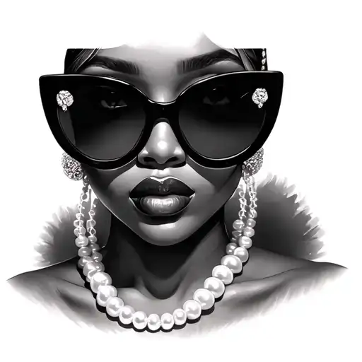 Big Black Womans Sunglasses With A Pearl Necklace Without A Person