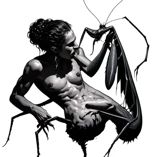 Lady Praying Mantis Biting A Man's Head Off His Body