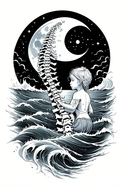 Spine Tattoo With Child Of The Ocean And The Moon