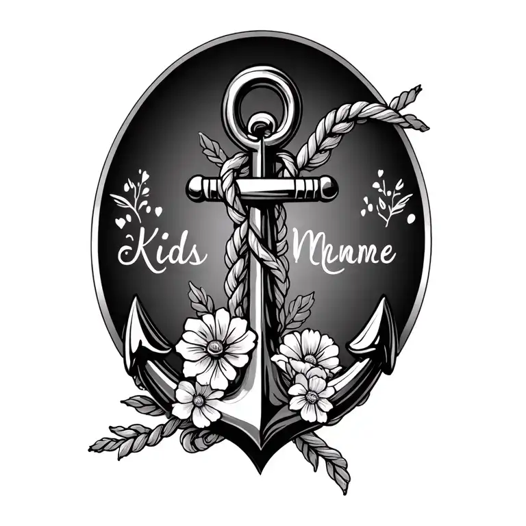Anchor With Rope Of Flowers And Kids Names