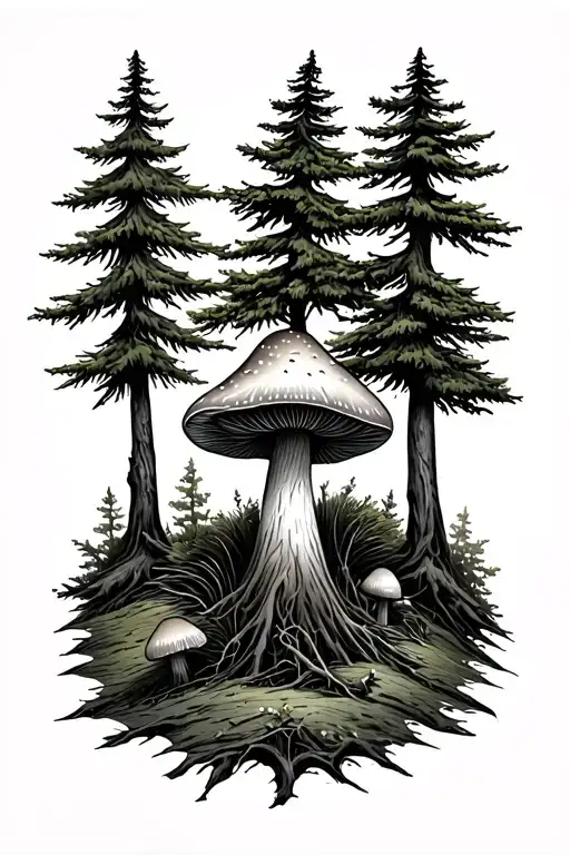 Three Pine Trees And A Mushroom