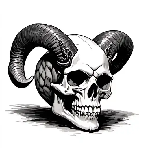 Human Skull With Demonic Ram Horns