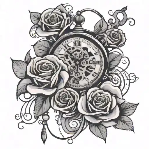 Roses And Clock Mechanism Intertwined