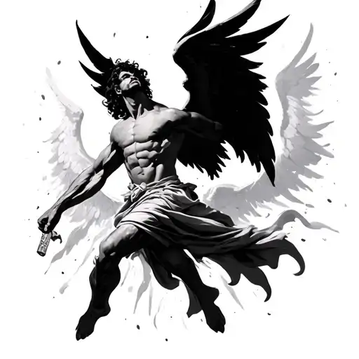 A Man Angel With Angel Wings Falling With A Rage To Fight