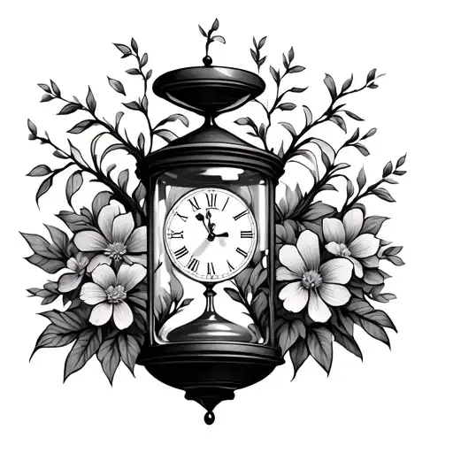 Family Tree Hour Glass With Clock And Flowers Growing