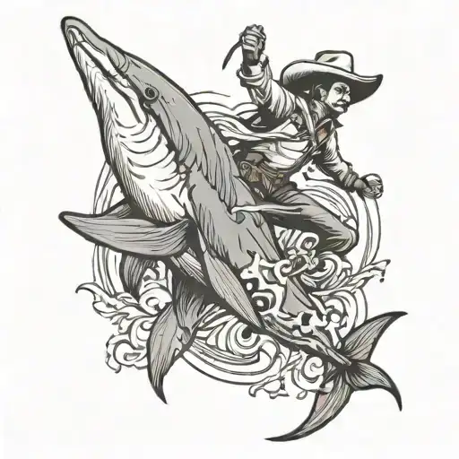 Cowboy Riding A Dolphin Chasing A Shark
