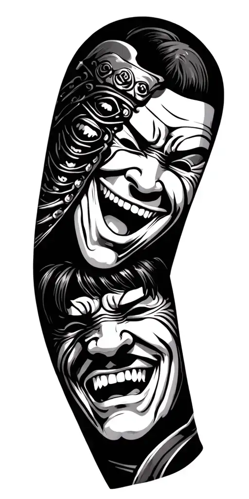 The Laughing And Crying Masks Tragedy And Comedy On Forearm And Above Them A Samurai