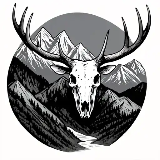 Elk Skull With Mountains