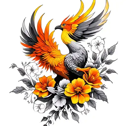 Orange And Yellow Phoenix With Flowers