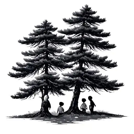 Twin Pine Trees With Unrecognizable Children Beneath
