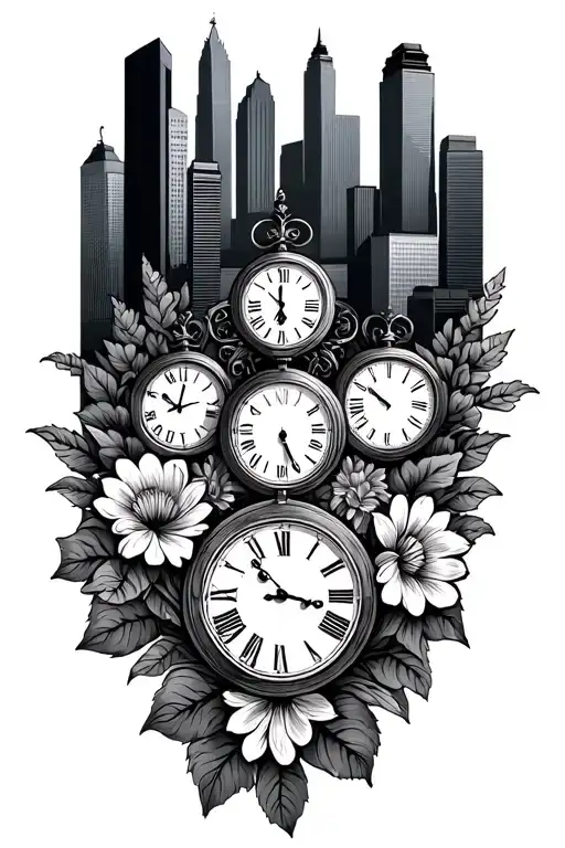 Baltimore City Skyline With Clocks And Flowers