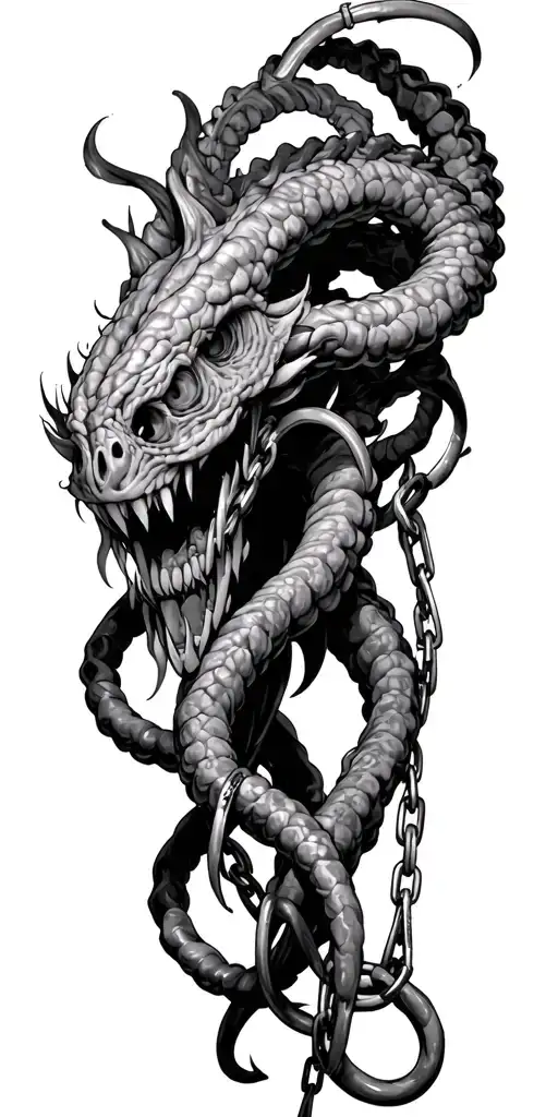 Hydra Of 5 Headed Head And The Chains Go To Rings On The Fingers