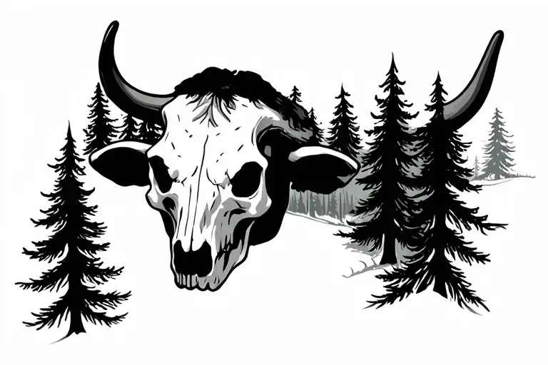 Cow Skull Surrounded With Pine Tree Forest