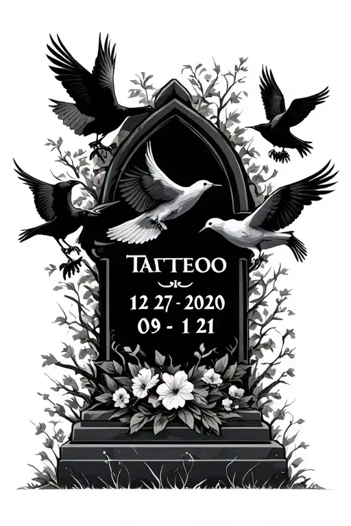 Headstone With Dates 12-27-2020 And 09-12-21 With Doves And Crows Around It