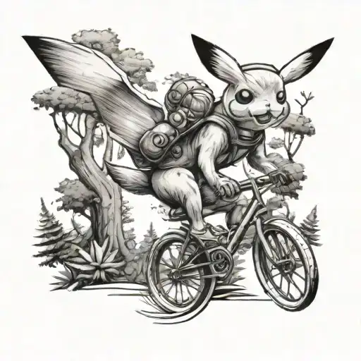 A Realistic Black And Grey Tattoo Of A Pikachu Riding A Bicycle Through A Forest Of Trees