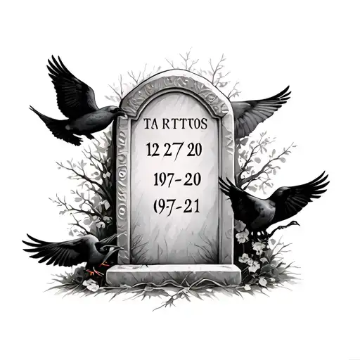 Headstone With Dates 12-27-20 And 09-12-21 With Doves And Crows Around It